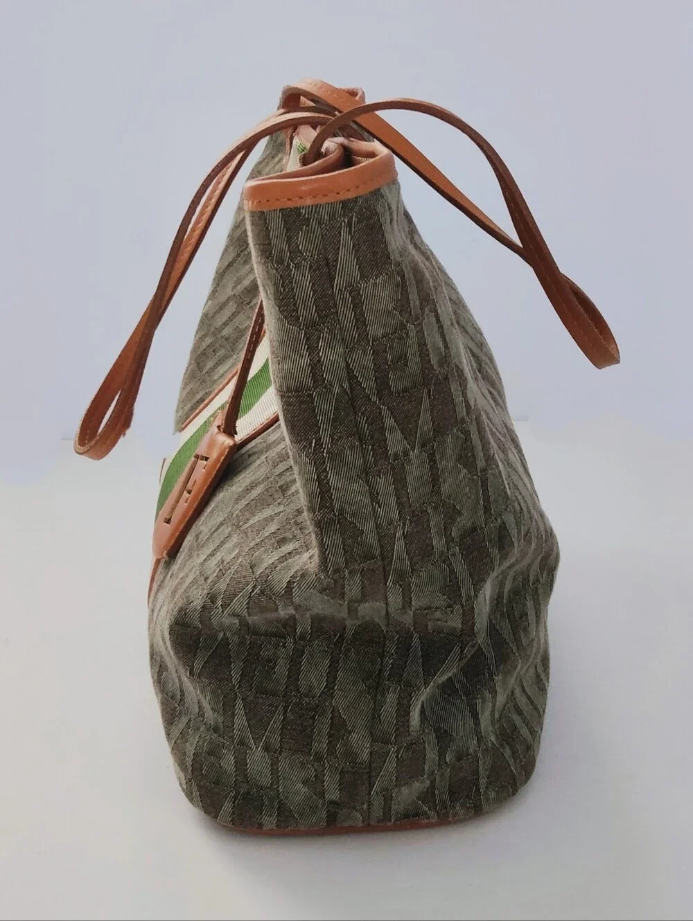 Furla Canvas Tote Bag with Green Stripe and Tan Lether Trim. Pre-owned.